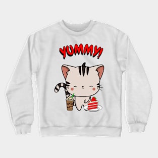 Cute tabby cat is having coffee and cake Crewneck Sweatshirt